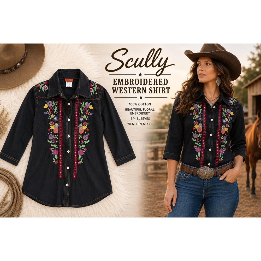 Scully Black Embroidered Floral Western Button Front Shirt Boho Cowgirl Small